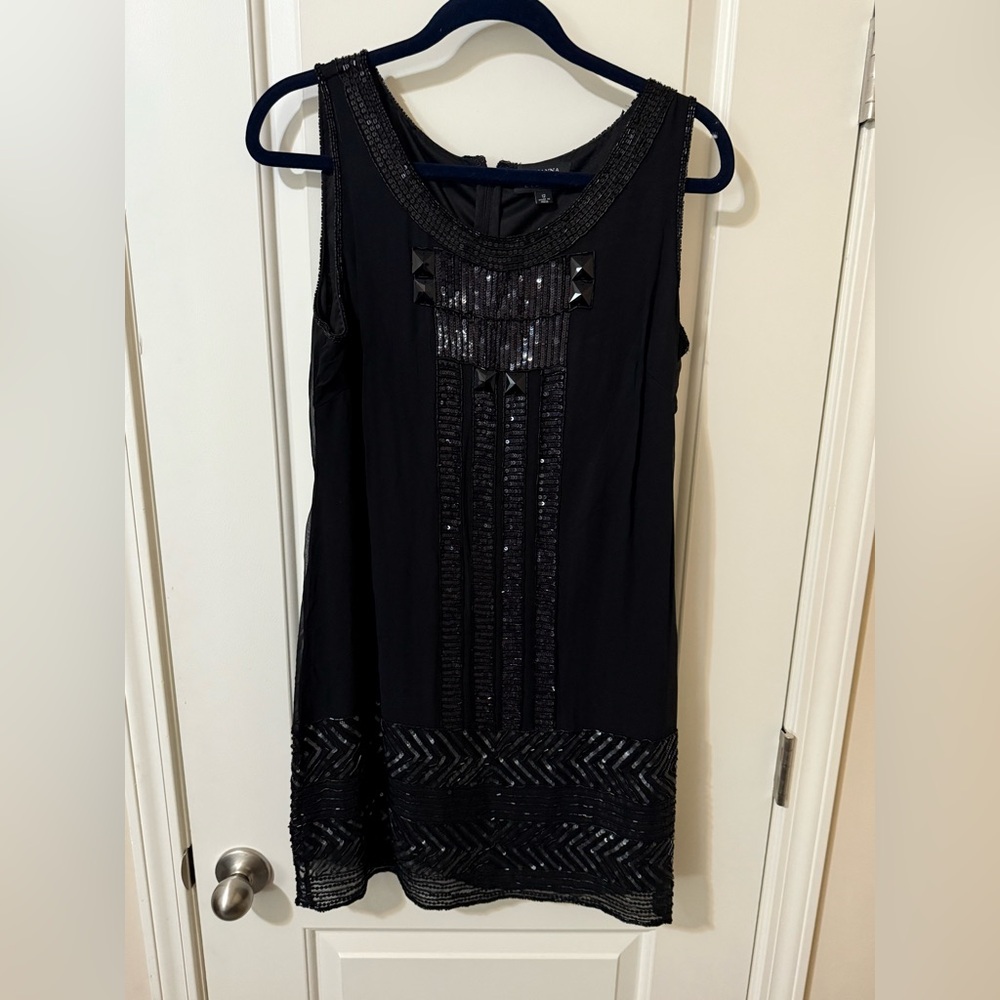 NWOT ADRIANNA PAPELL EVENING BLACK BEADED SHEATH DRESS 12